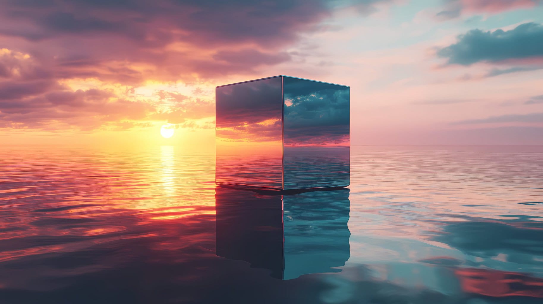 Designer Bild mit Spiegelcube im Meer